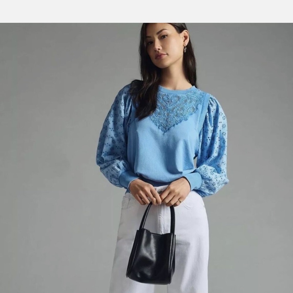 Pilcro Light Blue Lace-Detail Sweatshirt - Picture 2 of 9